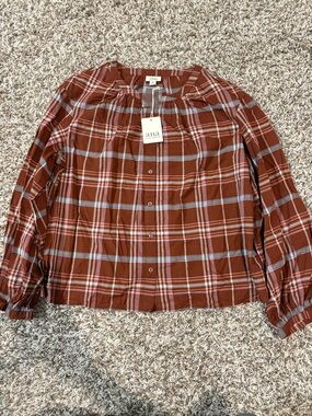 NWT—a.n.a Rust Plaid Button-Front Top with Blue & Pink Accents XL